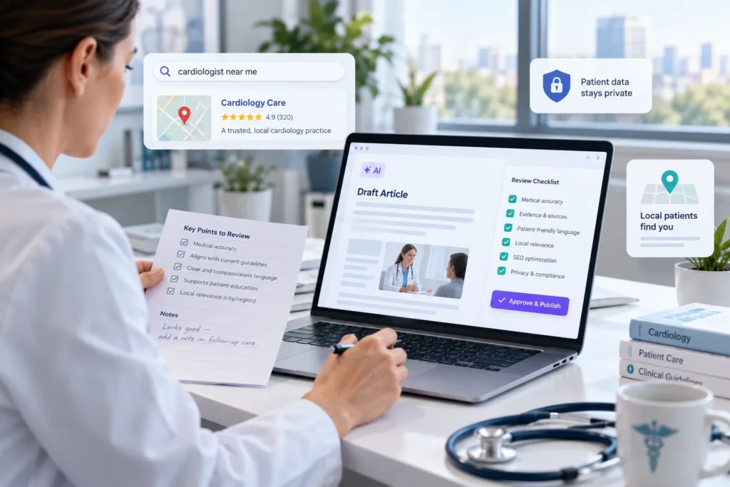 Physician reviewing an AI-generated medical SEO article on a laptop, checking clinical accuracy, sources, patient privacy and local search optimization before publication.