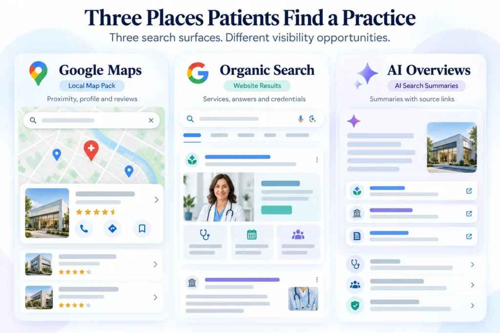 Infographic showing three ways patients find medical practices on Google: local Google Maps listings, organic search results and AI Overviews with supporting source links.