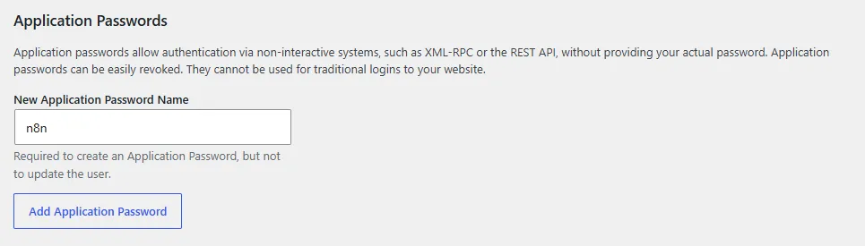 WordPress profile screen, Application Passwords section, creating a new application password named n8n