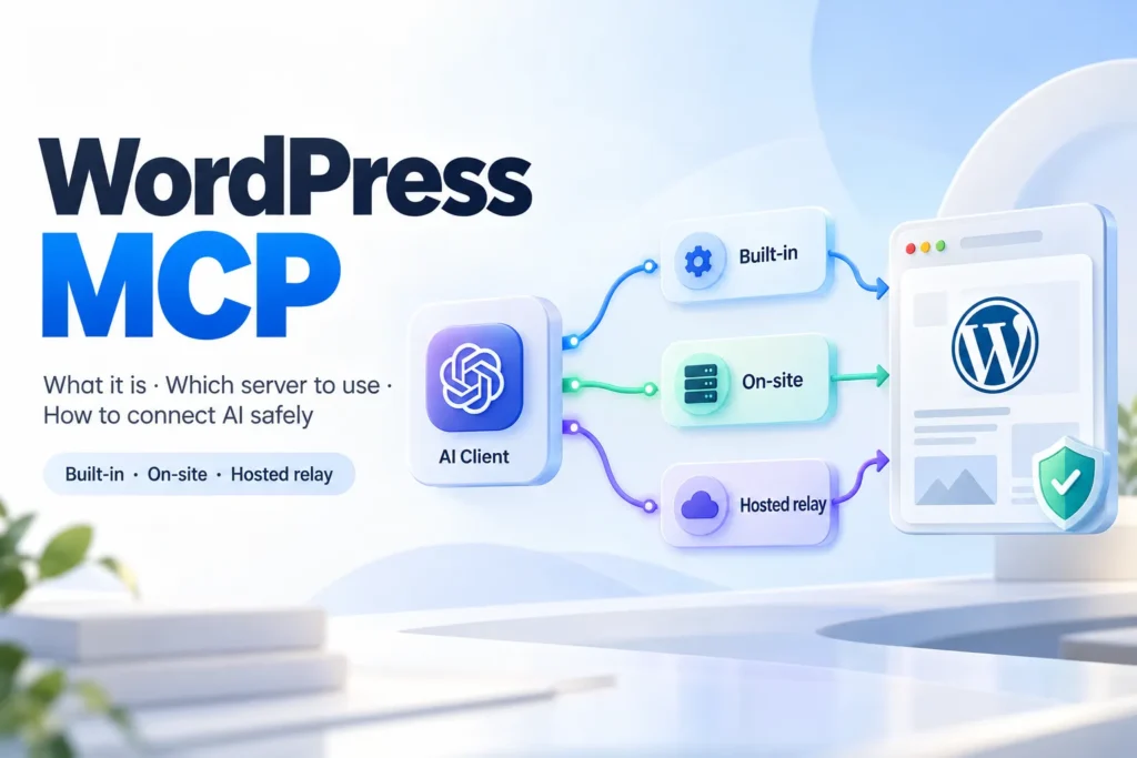 WordPress MCP architecture showing an AI client connecting to WordPress through three options: built-in MCP, on-site server and hosted relay, with secure access controls.